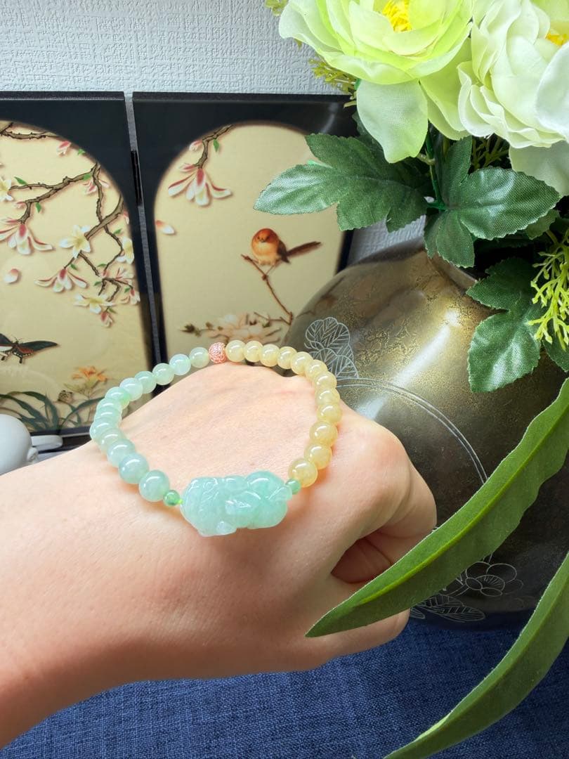 新作‼️ミャンマー産本翡翠　金運アップ⤴️貔貅様＆双色翡翠ブレスレット
