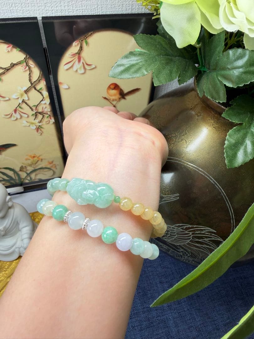 新作‼️ミャンマー産本翡翠　金運アップ⤴️貔貅様＆双色翡翠ブレスレット
