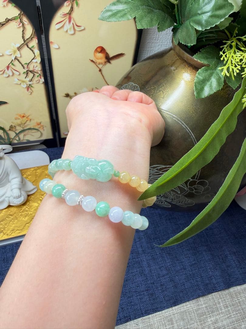 新作‼️ミャンマー産本翡翠　金運アップ⤴️貔貅様＆双色翡翠ブレスレット