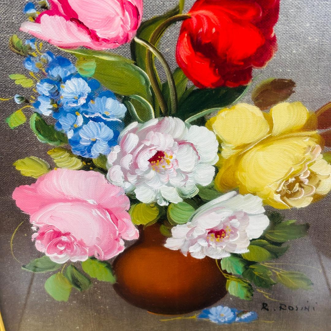 R. Rosini サイン入り 油彩画 花の静物 額装 F4号 インテリア