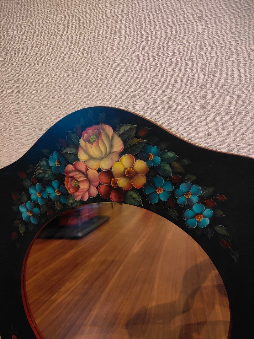 トールペイント 壁掛け鏡 ウォールミラー 手描き ハンドペイント 木製 バラ