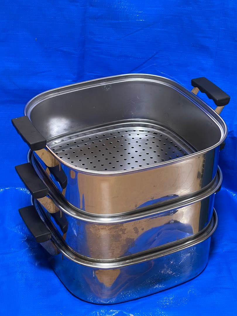 神子島製作所 桃印18-0 角型蒸器 29cm 3段 AMS69293