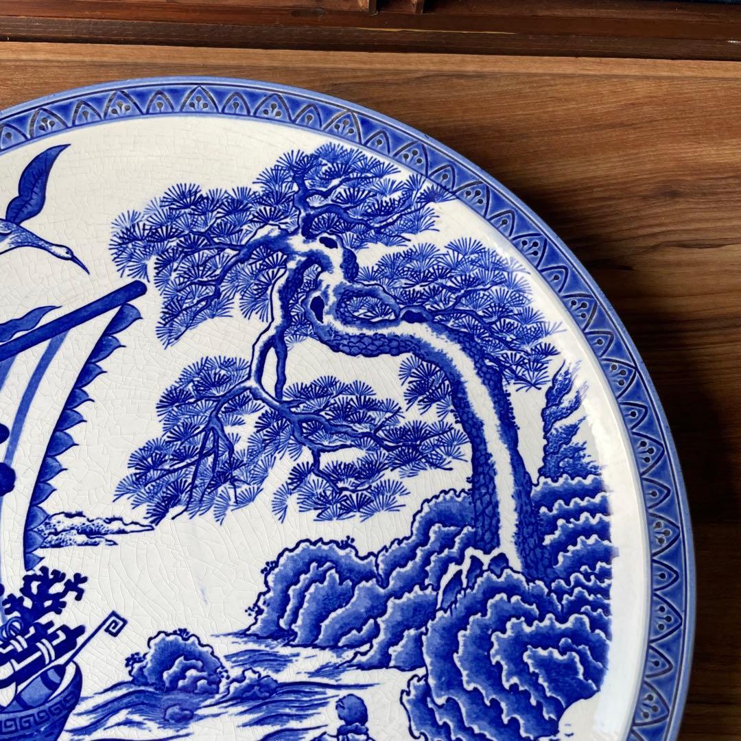 65）32㎝ 大皿 宝船 染付 絵皿 昭和レトロ アンティーク 飾り皿 骨董
