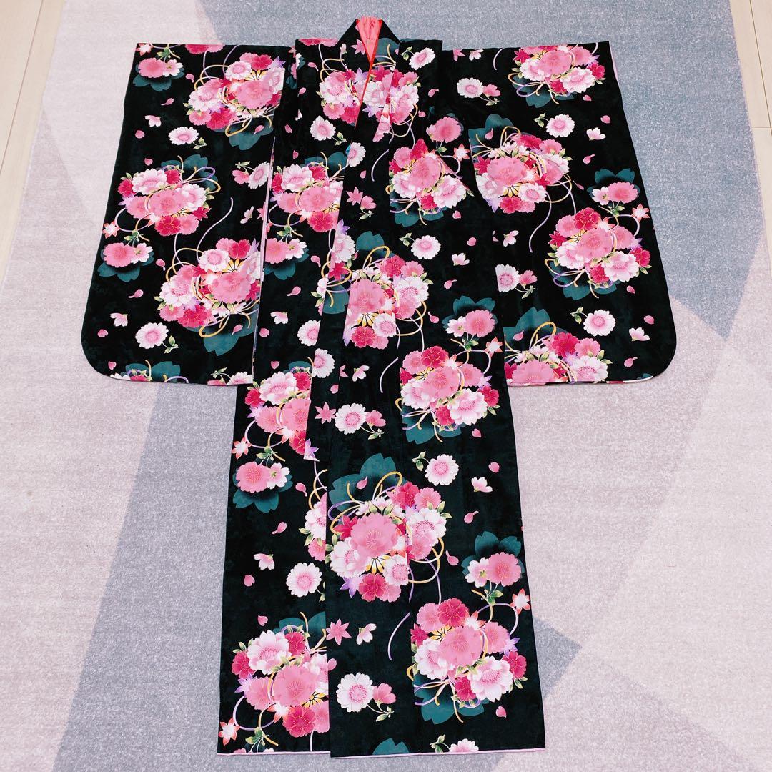 七五三 7歳 着物 帯 ビーズバッグ 草履 小物 セット 黒 ピンク