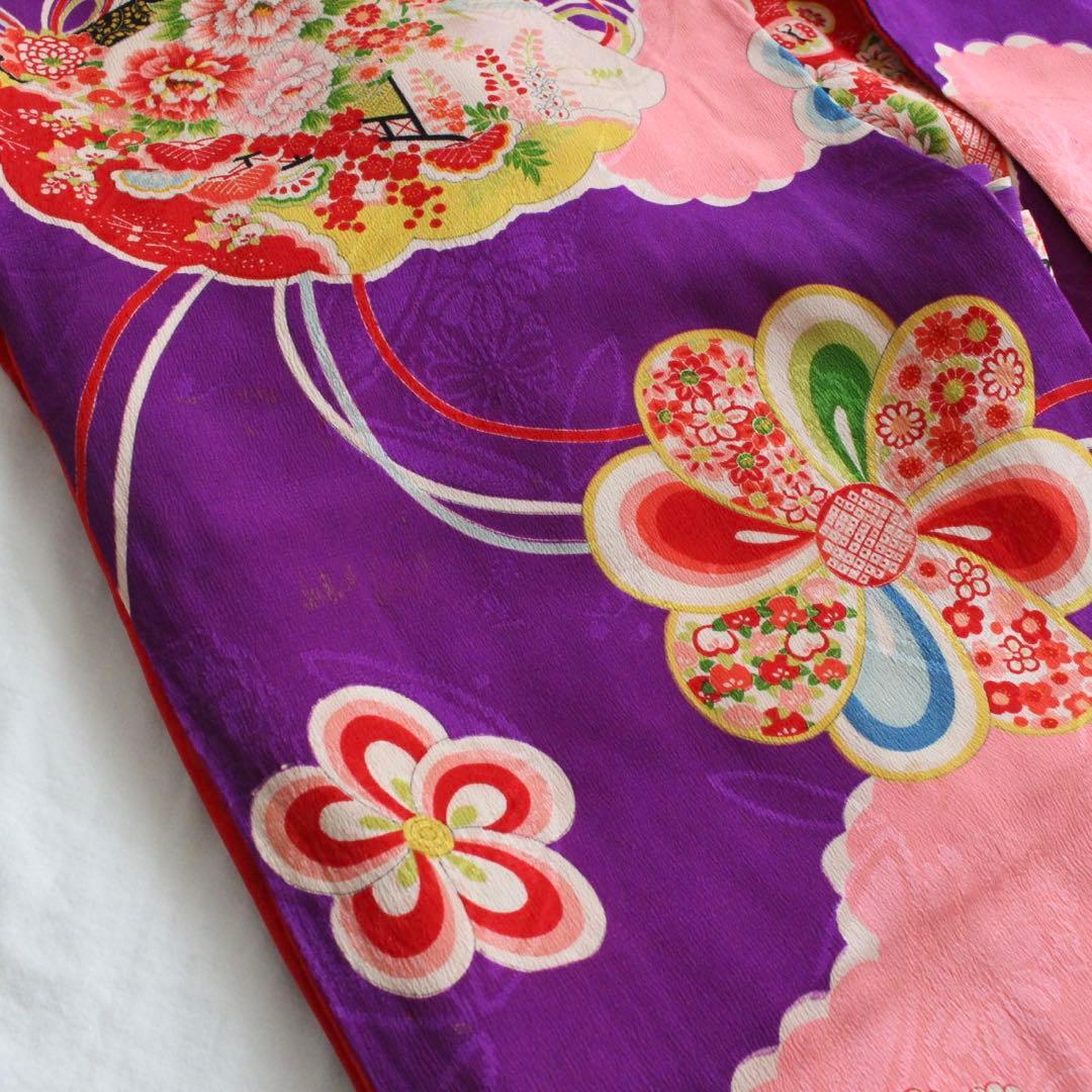 七五三 3歳 子供 女の子 アンティーク 紫 正絹 着物 被布 セット