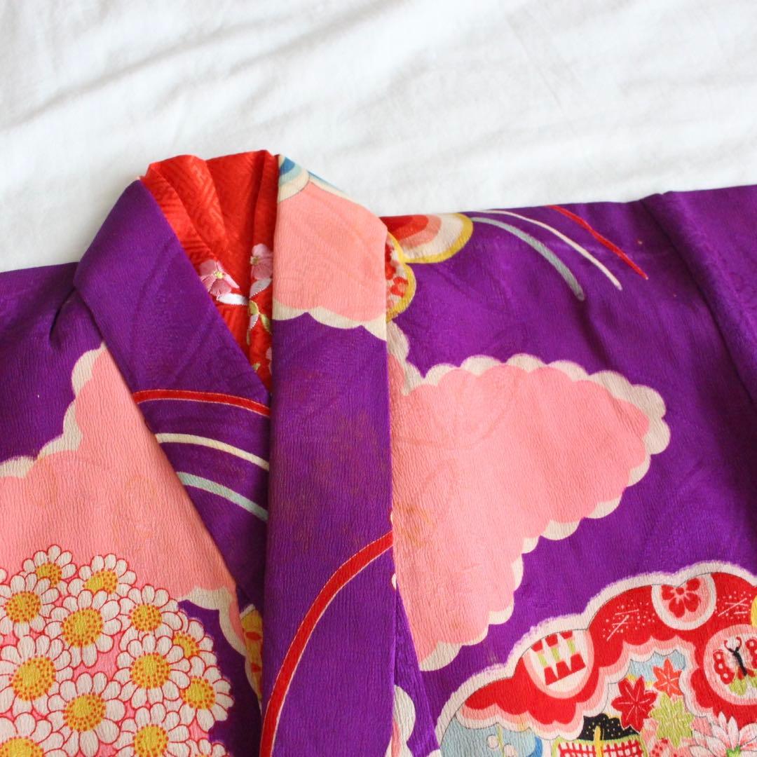七五三 3歳 子供 女の子 アンティーク 紫 正絹 着物 被布 セット