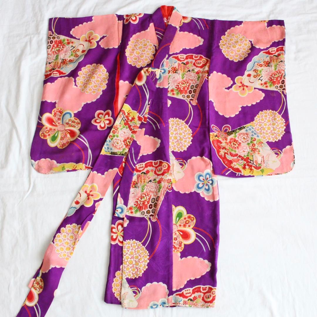 七五三 3歳 子供 女の子 アンティーク 紫 正絹 着物 被布 セット