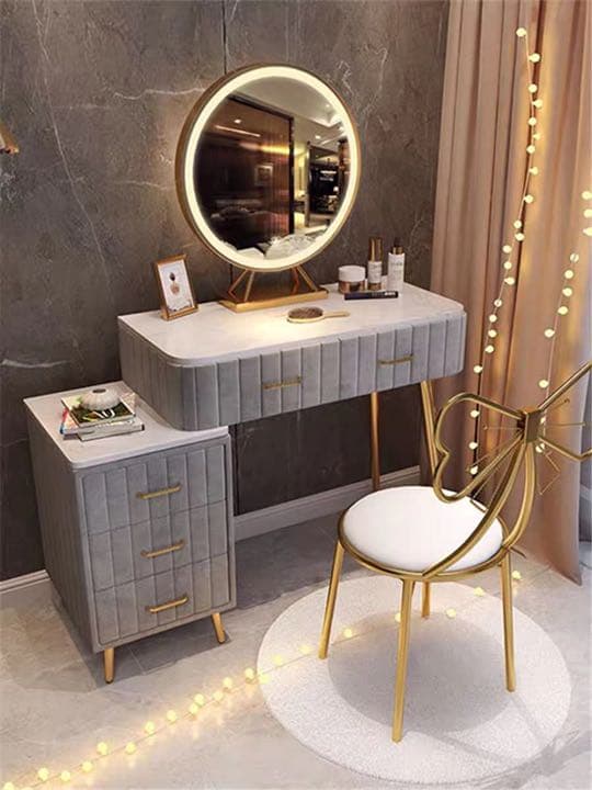 オシャレドレッサー ベロア調デスク引き出し3杯LEDミラー 椅子 棚4点