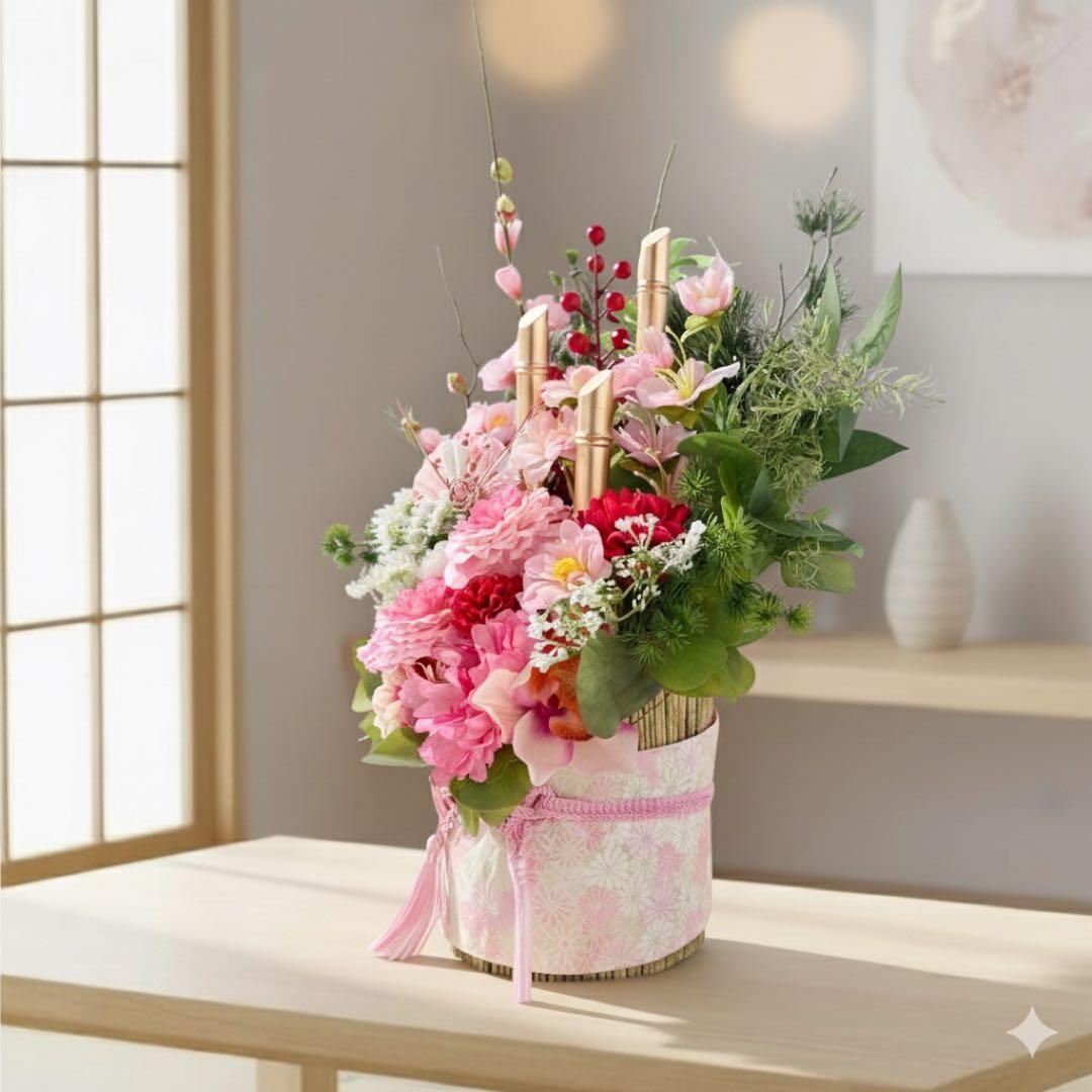 ㉕ 和モダン門松 M｜可憐な花々と竹が奏でる、モカアンドマルシェの迎春アレンジ