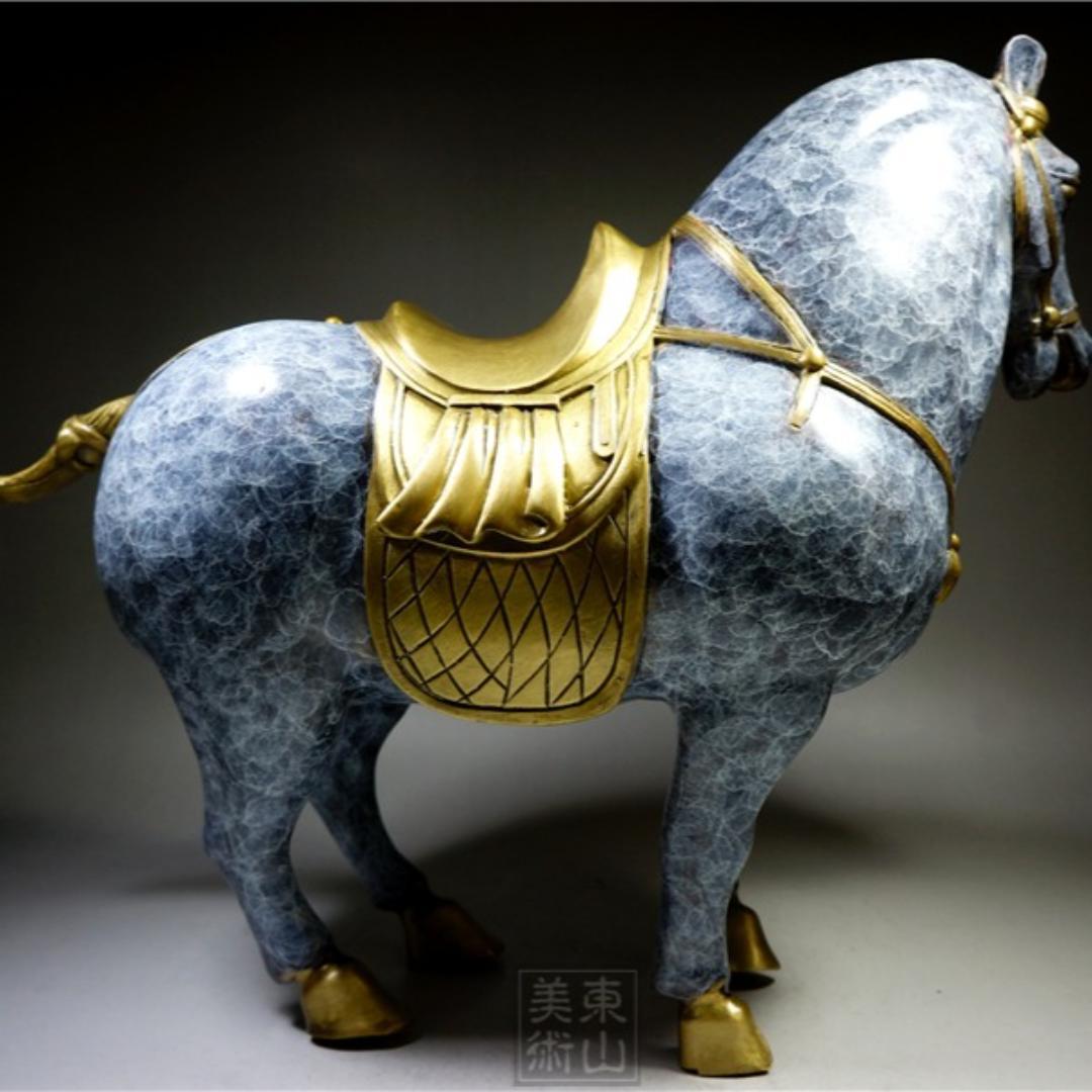 銅細工 大迫力唐馬高彫 無銘 開運置物 極上質 高さ約27cm 重さ約4.4kg