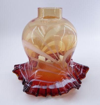 北一硝子 オイルランプ 紫×赤 フリル ガラス フリルシェード