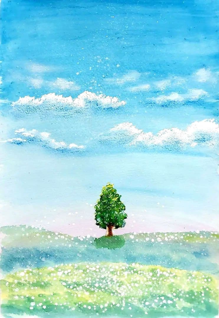 優しい空 風景画 水彩画 木と草原 原画 A4サイズフレーム入り 自然の絵