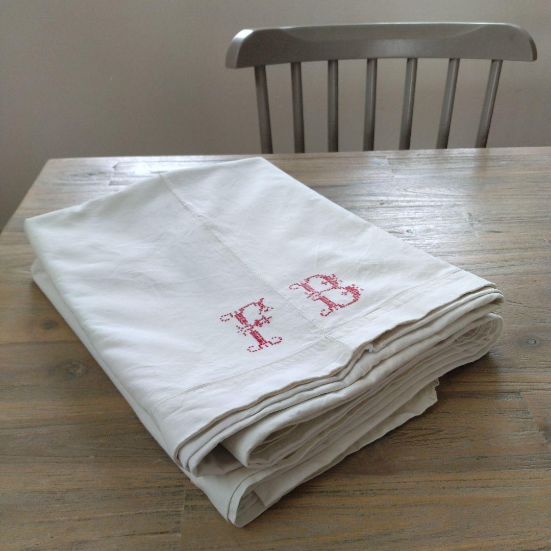 フランスアンティークイニシャル“FB”シーツモノグラム刺繍