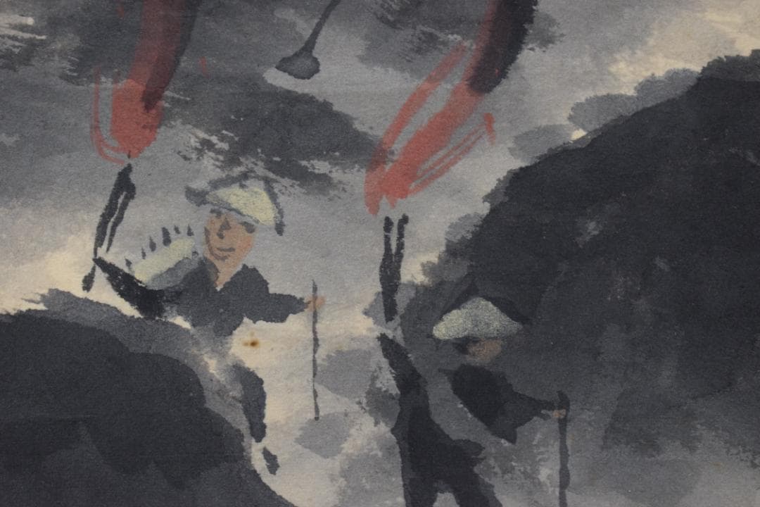 【真作】四田観水/渓山タイマツ図/焚松/横物/掛軸☆宝船☆Z-283