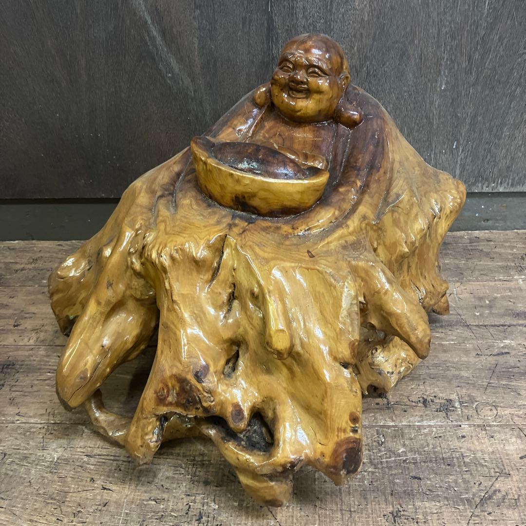 E-4 昭和レトロ 天然木 根木 木製 一刀彫 木彫り 布袋様 縁起物 置物