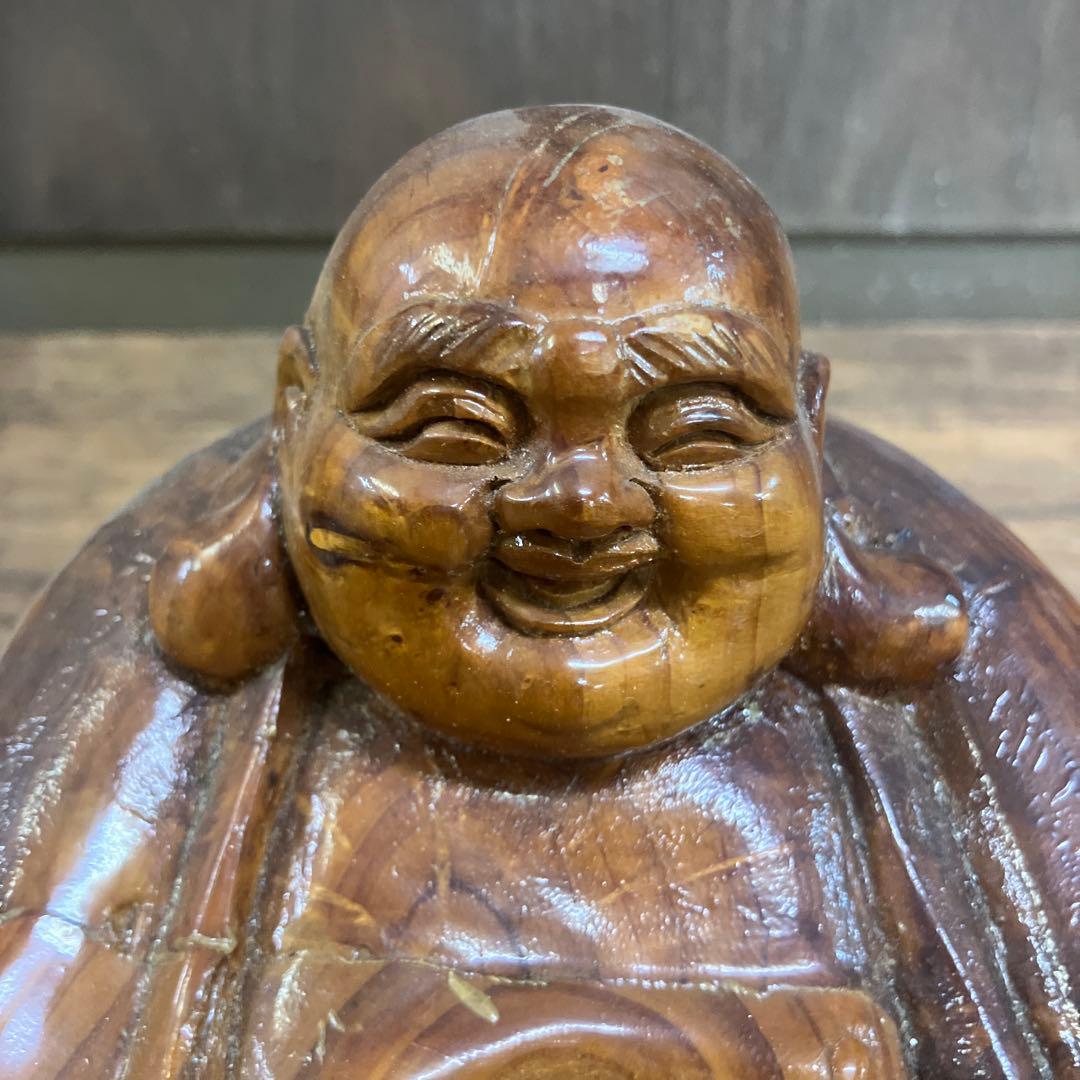 E-4 昭和レトロ 天然木 根木 木製 一刀彫 木彫り 布袋様 縁起物 置物
