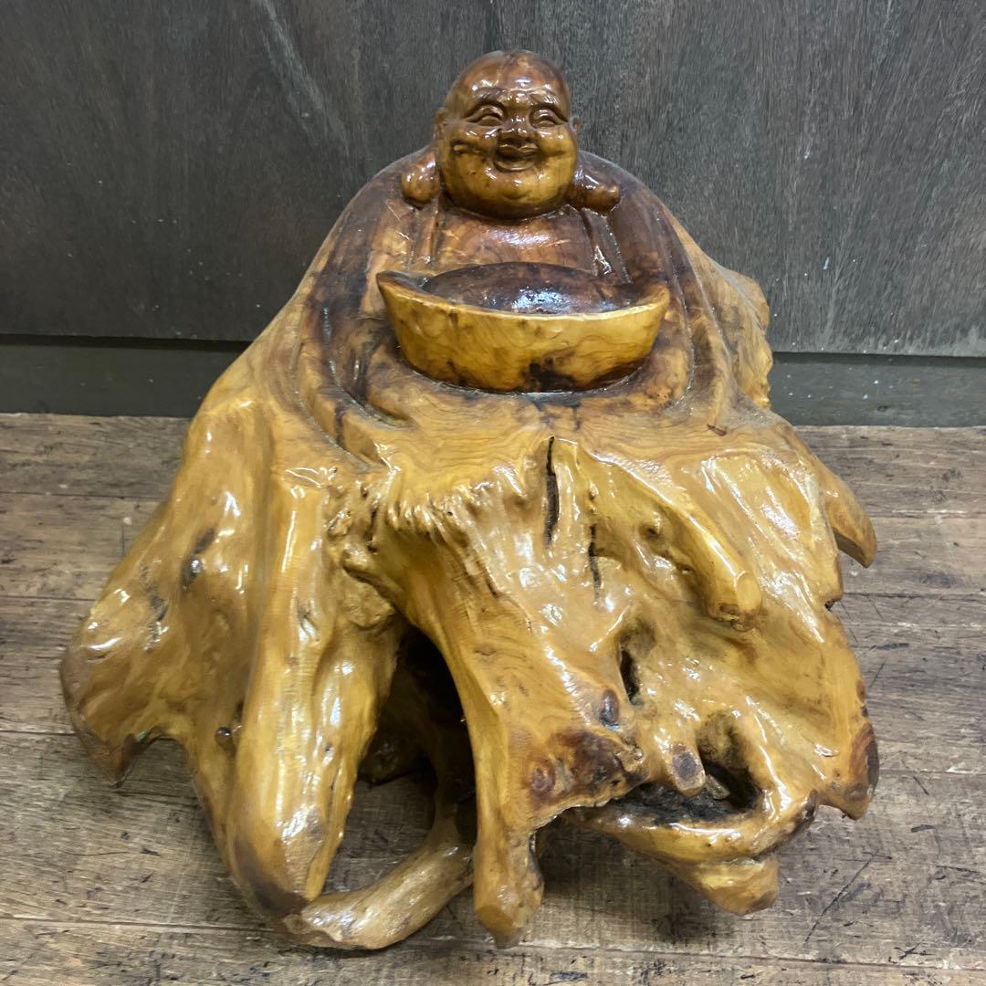 E-4 昭和レトロ 天然木 根木 木製 一刀彫 木彫り 布袋様 縁起物 置物