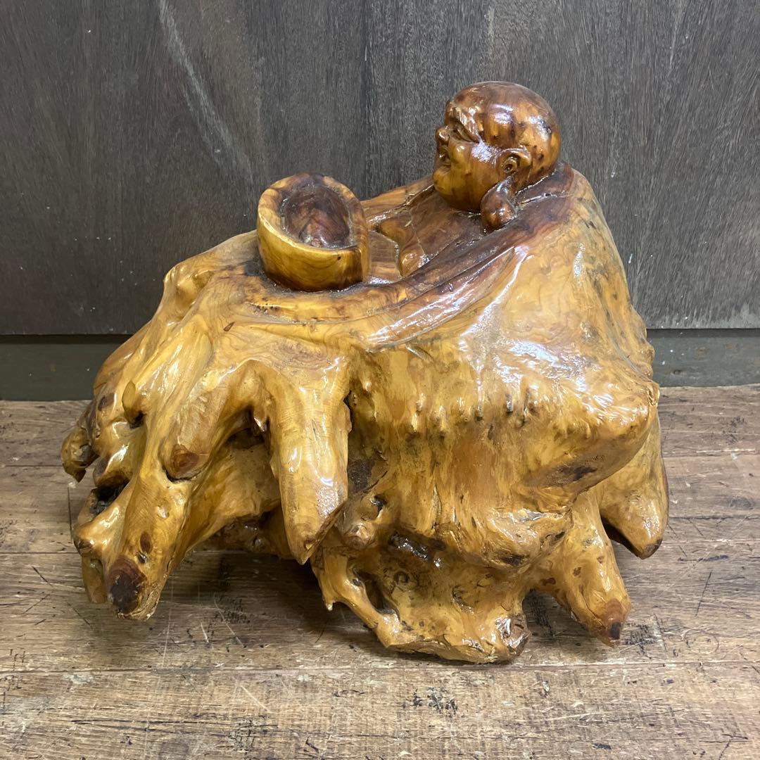 E-4 昭和レトロ 天然木 根木 木製 一刀彫 木彫り 布袋様 縁起物 置物