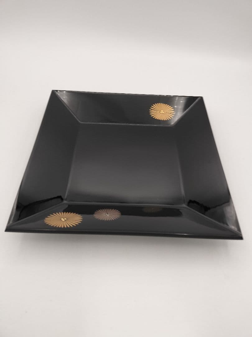 a831 【未使用】輪島塗 四方盆 唐松 真塗 井口啓 木箱入 茶道具