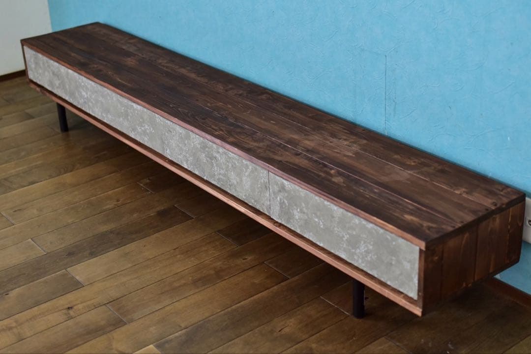 無垢材】テレビボード220㎝ダークブラウン色モルタル風　鉄脚