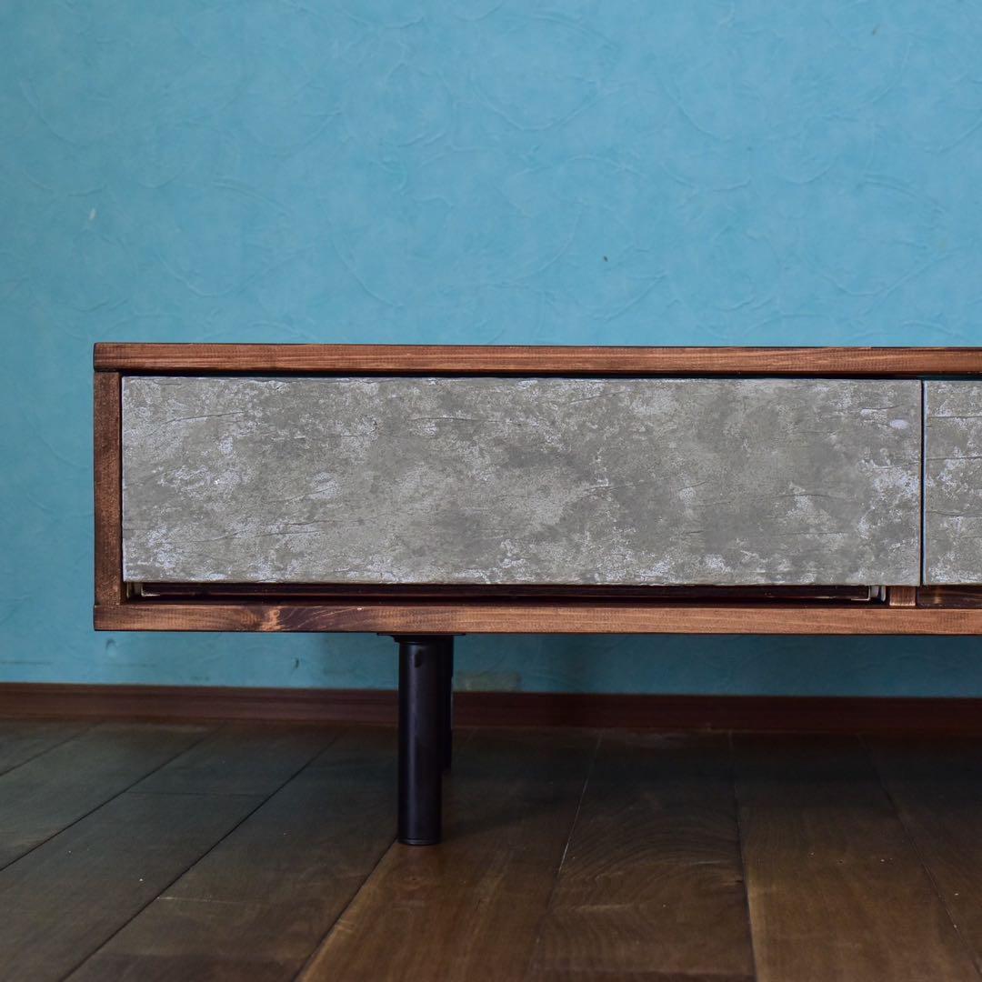 無垢材】テレビボード220㎝ダークブラウン色モルタル風　鉄脚