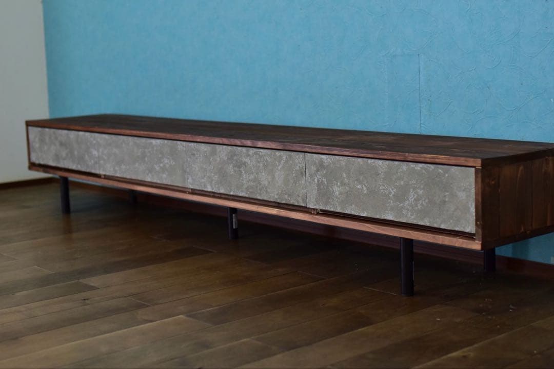 無垢材】テレビボード220㎝ダークブラウン色モルタル風　鉄脚