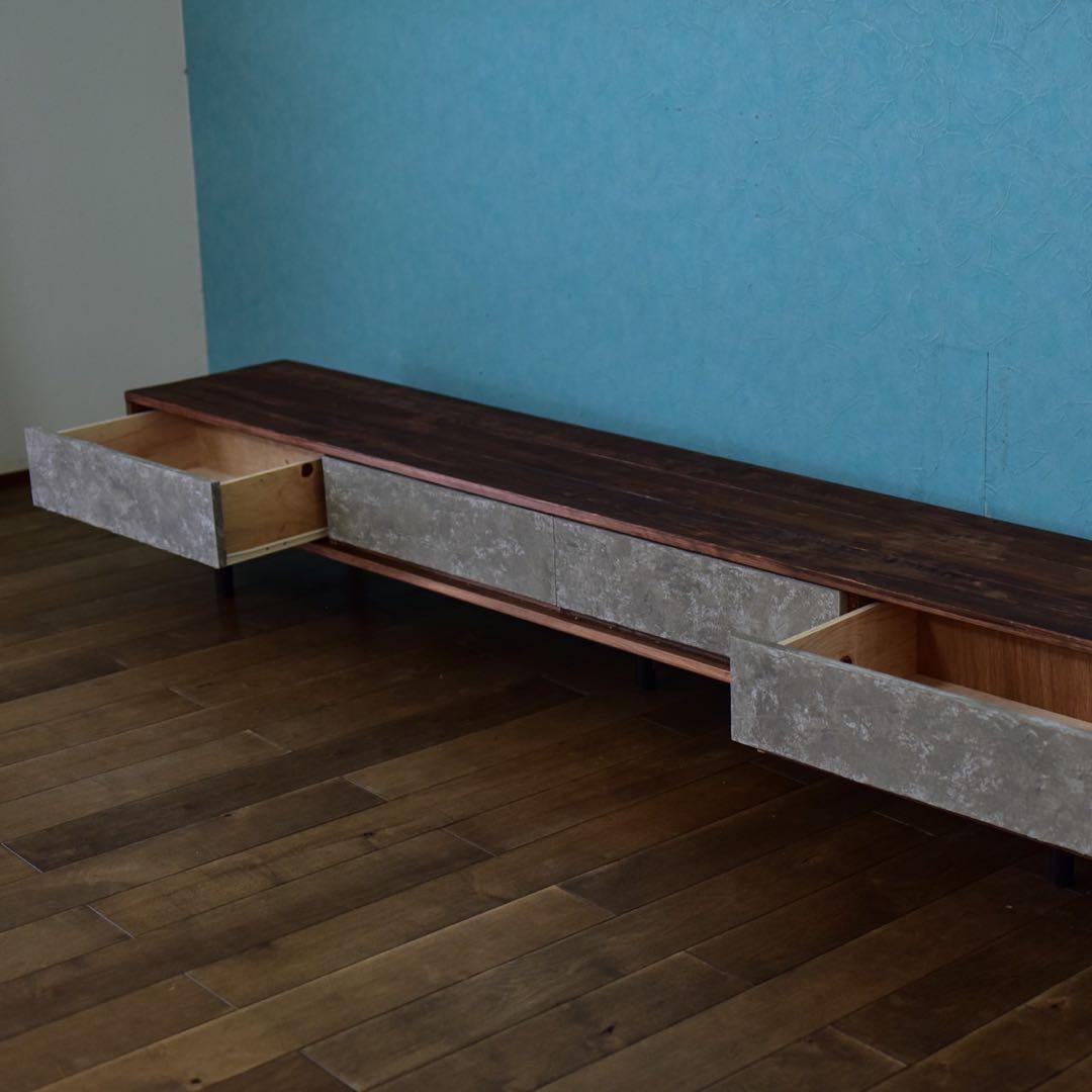 無垢材】テレビボード220㎝ダークブラウン色モルタル風　鉄脚