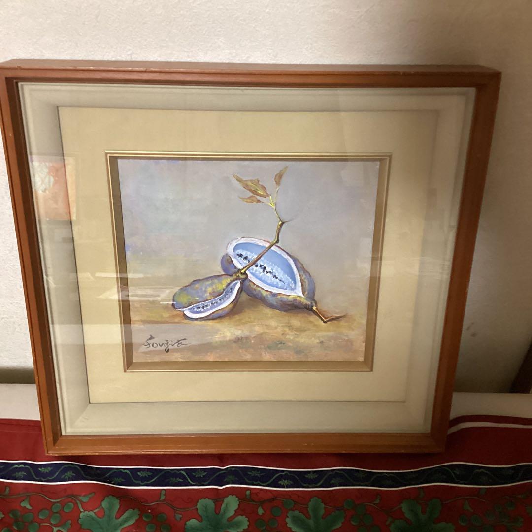 藤田嗣治在銘油彩画　色紙絵【　アケビ図　】　サイン有り額装前面ガラス仕様　即決品