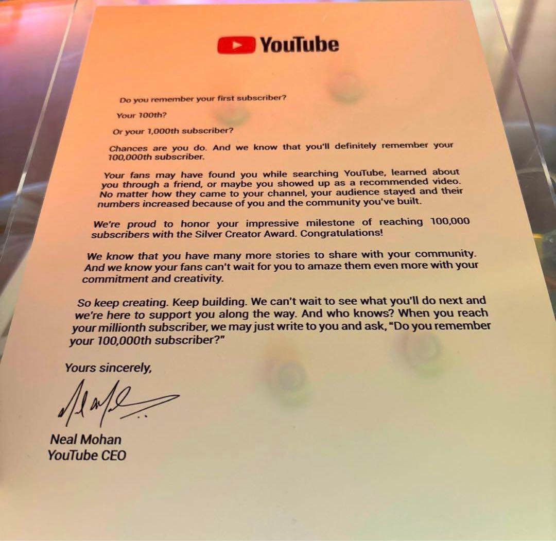 【YouTube】銀の賞状 登録者10万人 銀の盾 金の盾 【YouTuber】