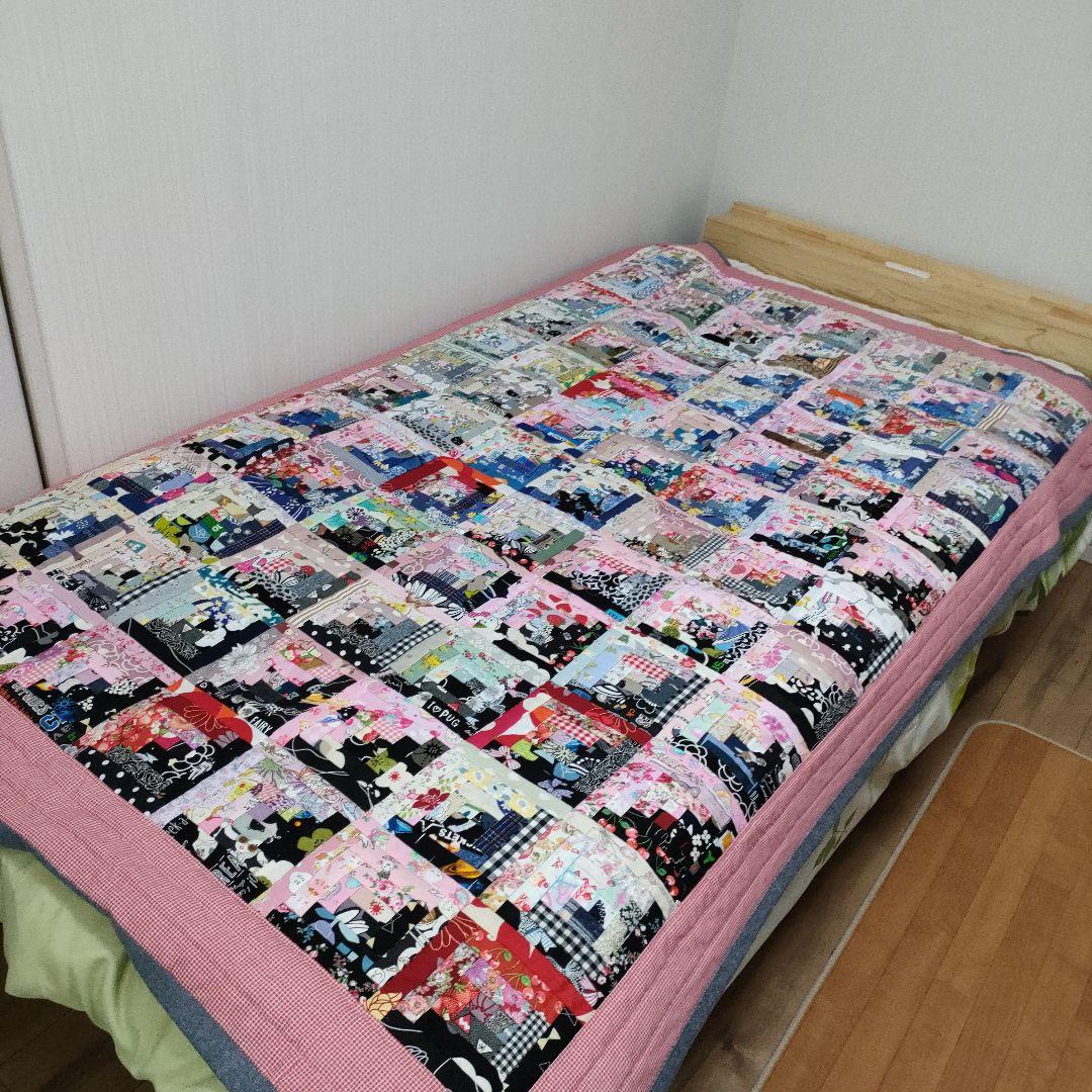 ハンドメイド パッチワーク ベッドカバー マルチカバー ログキャビン