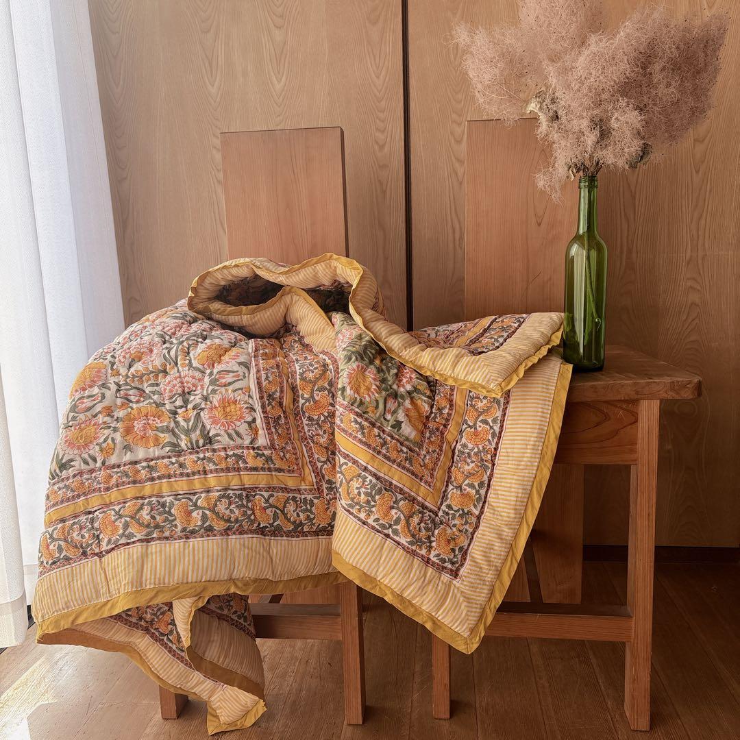 未使用※インド ブロックプリント 中綿入りベビーキルト ガーデン