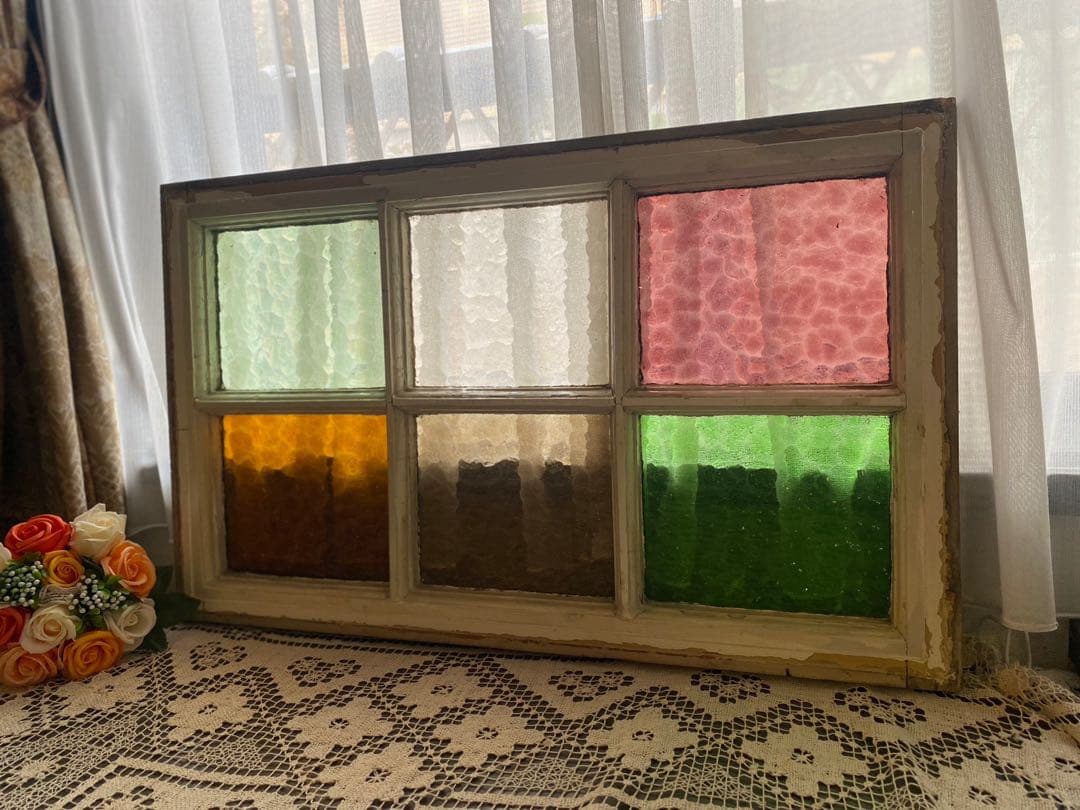 田んぼに熊＊希少 ステンドグラス レトロガラス 建具 窓 窓枠 インテリア