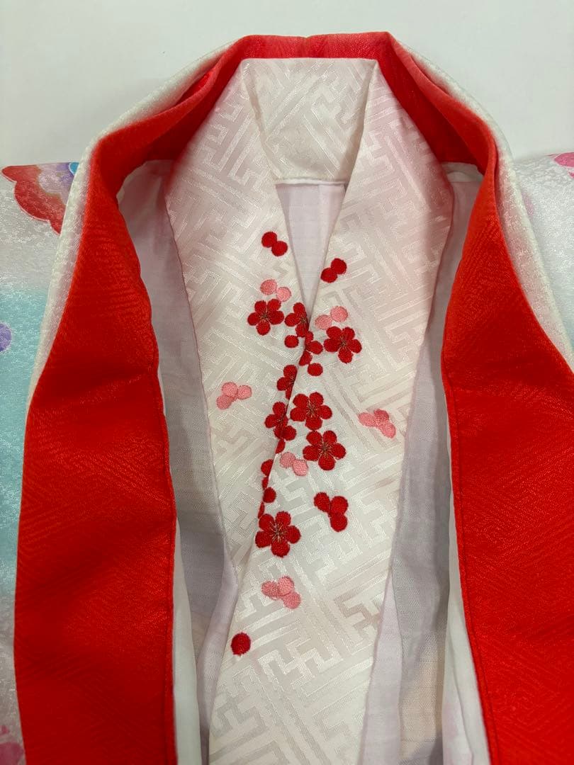 七五三　女の子着物　白と水色　クレージュ　ピンク　梅　ダリア　日本製