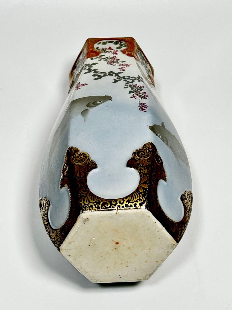 明治 名古屋絵付け 鯉文六角花瓶 松村九助 森村組