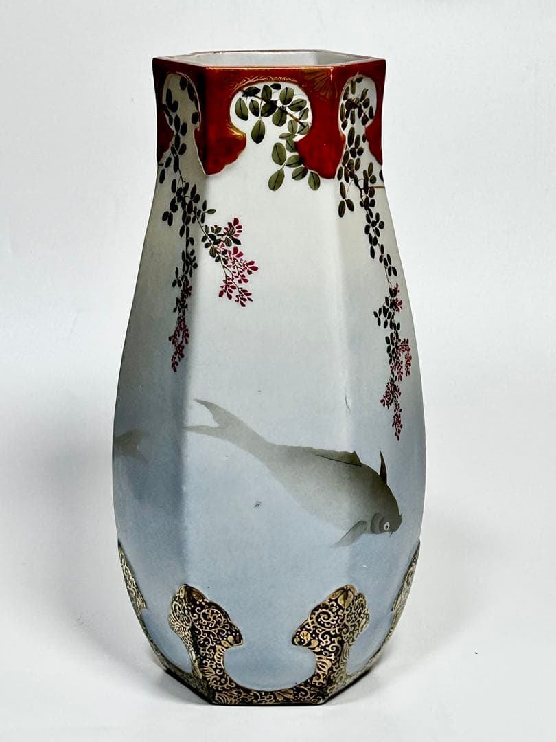 明治 名古屋絵付け 鯉文六角花瓶 松村九助 森村組