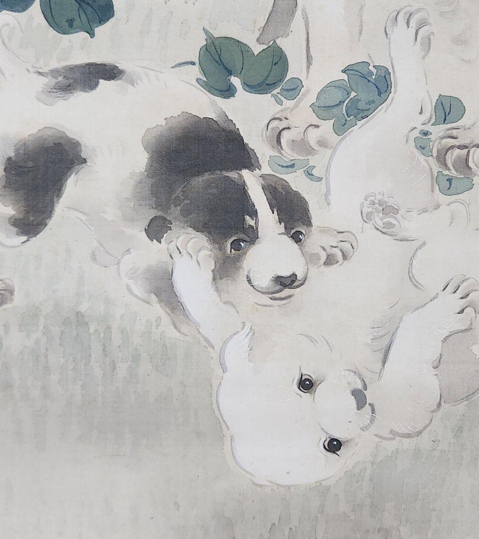 朝顔に洋犬親子図】秋香 2701 掛け軸 肉筆 - メルカリ