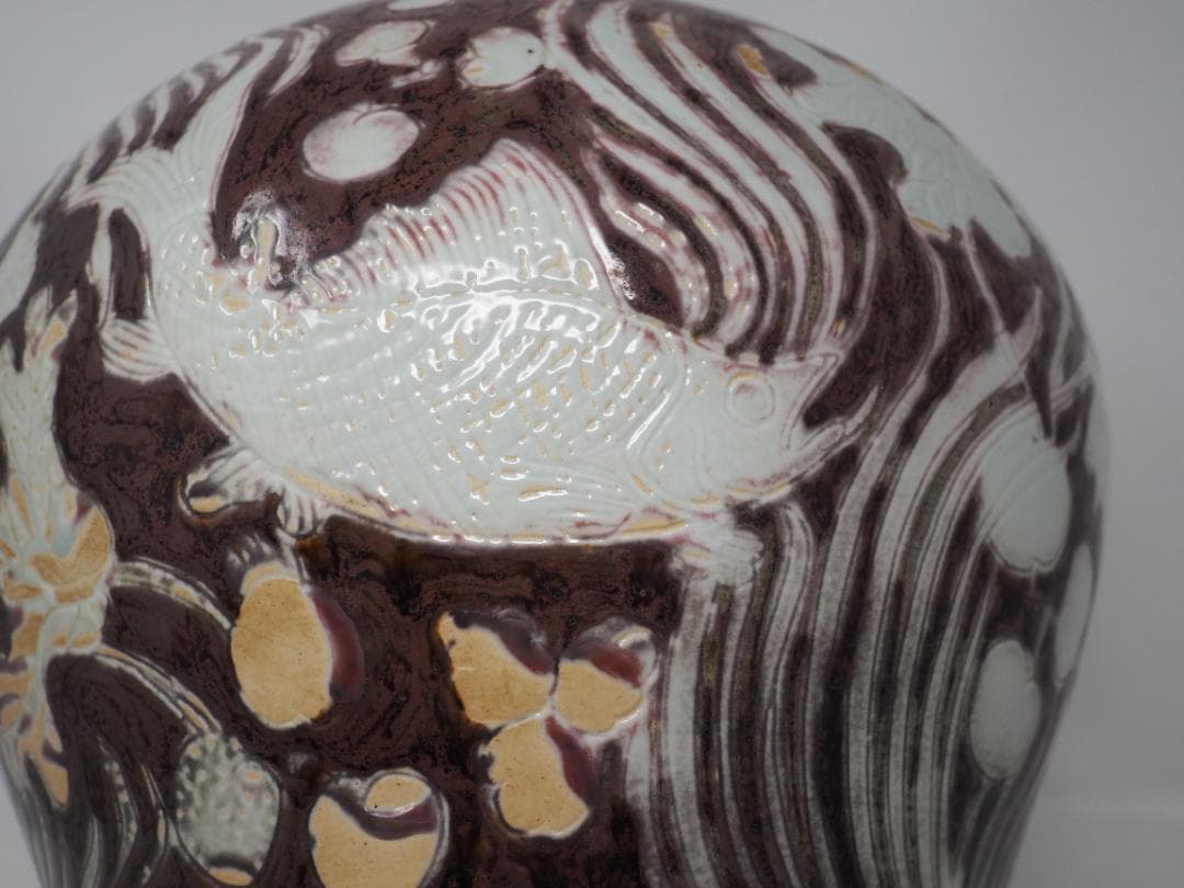 辰砂鉄砂　魚藻文　花瓶　壷　-SO