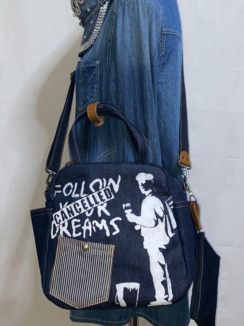 ☆岡山デニム☆ステンシル☆バンクシー4wayボストンバッグ - メルカリ