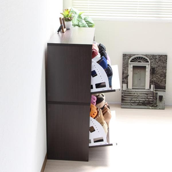 《新品・送料無料》省スペースに最大18足薄型シューズラック ダークブラウン