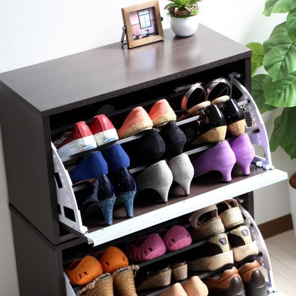 《新品・送料無料》省スペースに最大18足薄型シューズラック ダークブラウン