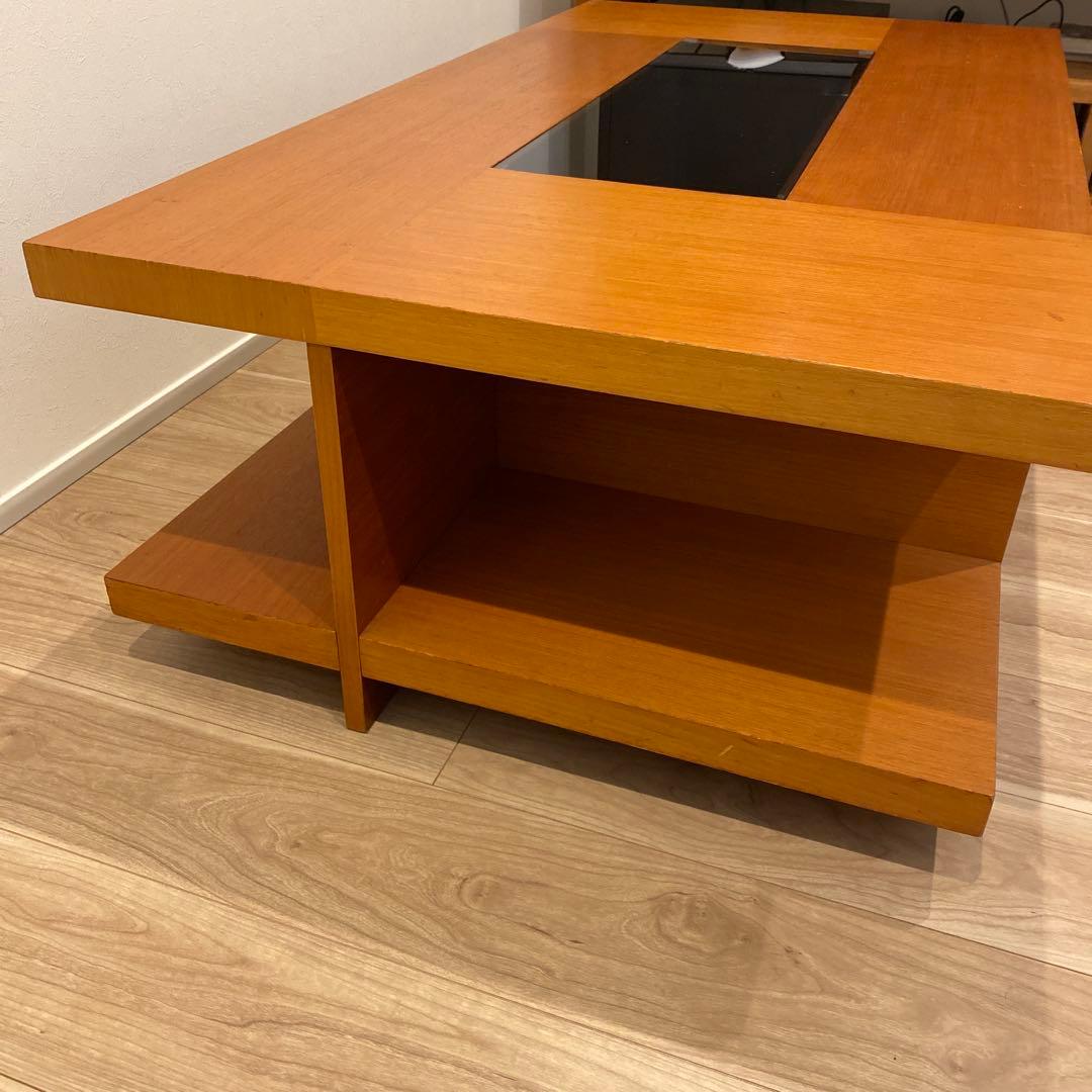 ブラウン木製ガラス天板ローテーブル