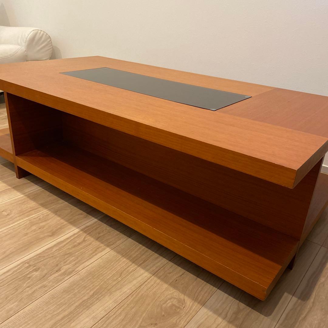 ブラウン木製ガラス天板ローテーブル