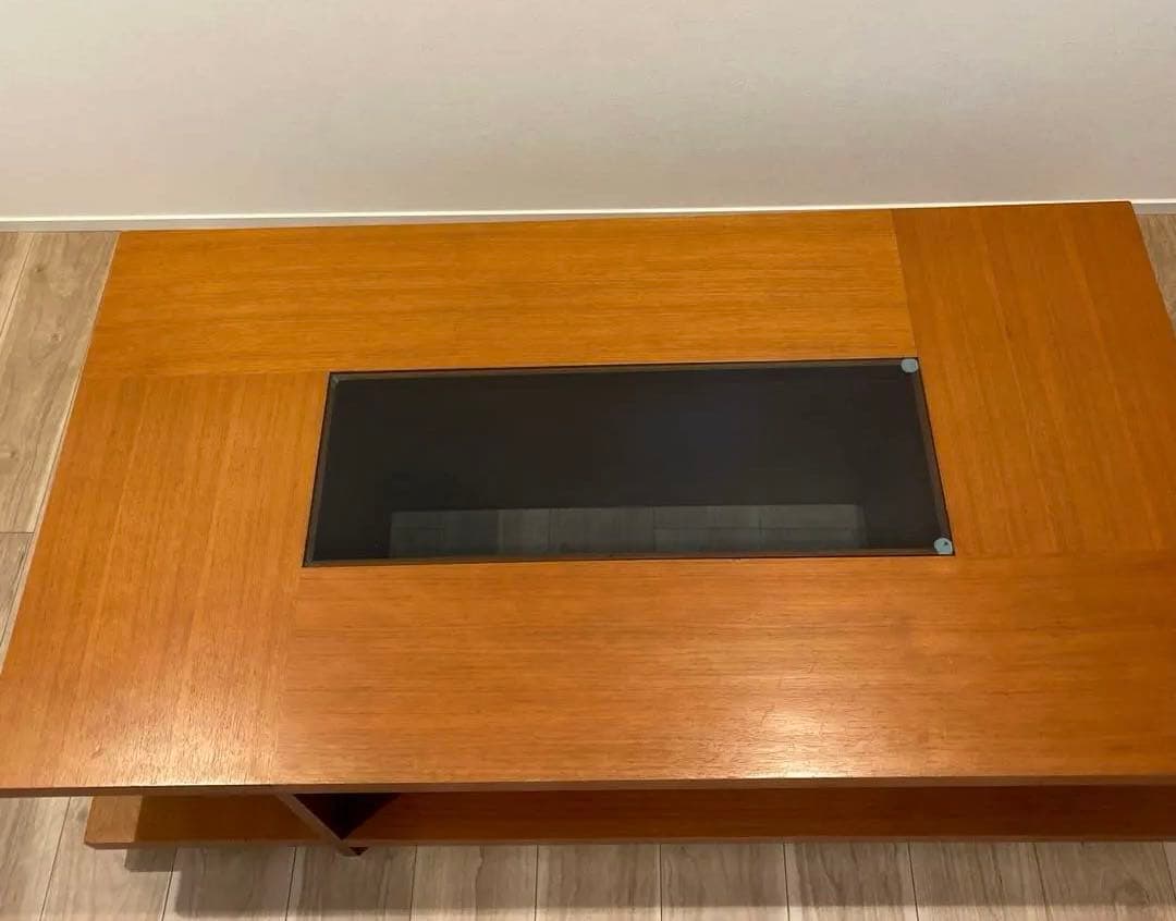 ブラウン木製ガラス天板ローテーブル