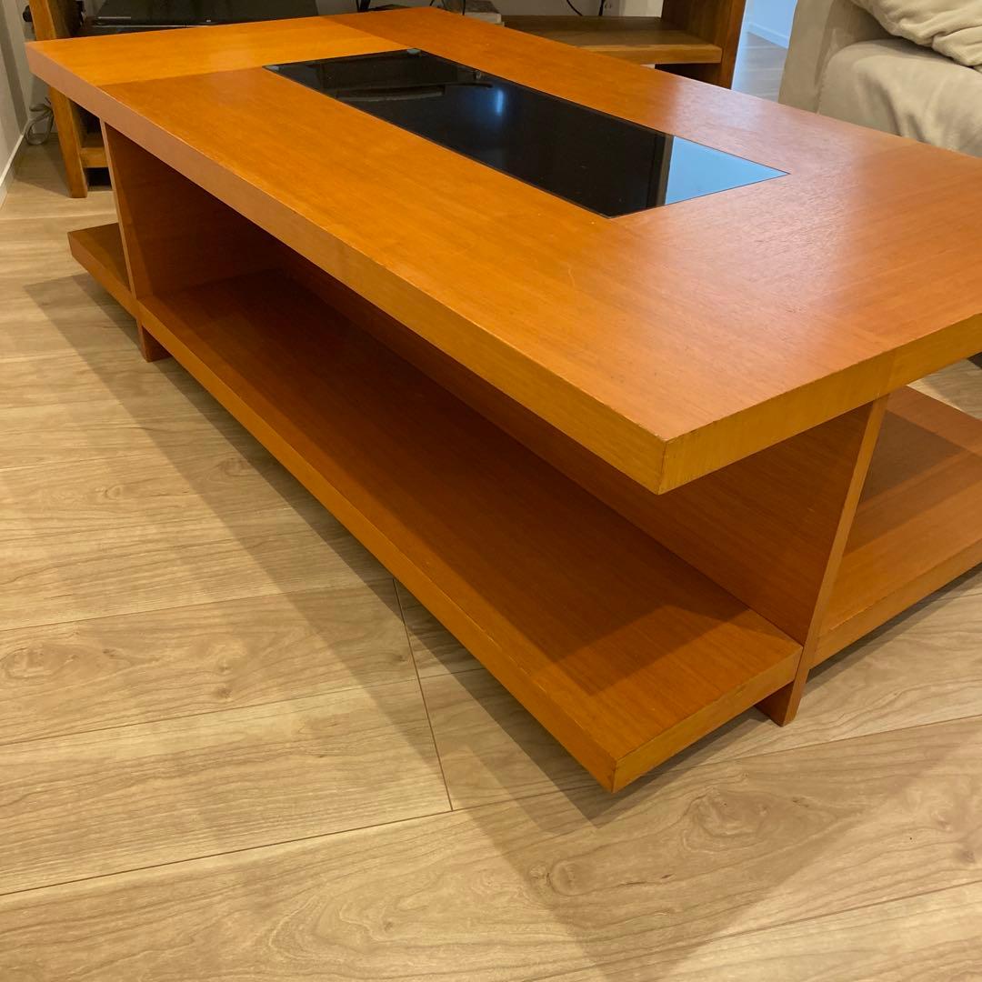 ブラウン木製ガラス天板ローテーブル