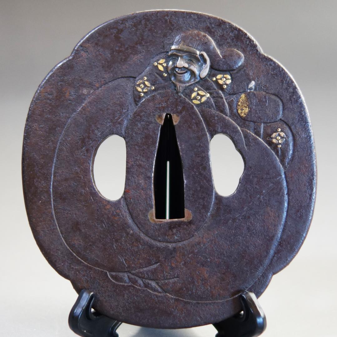 大黒天図鍔 片切彫 銀象嵌 鍍金】 鐔 鍔 刀装具 日本刀 武具 江戸 骨董