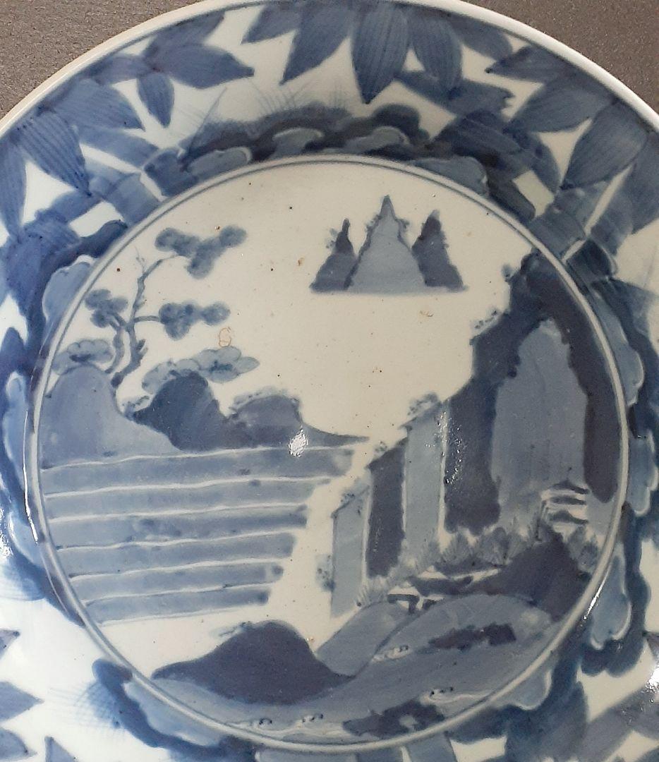 【名品】江戸時代中期　古伊万里　染付　山水に竹の図　34.1cm　兜鉢