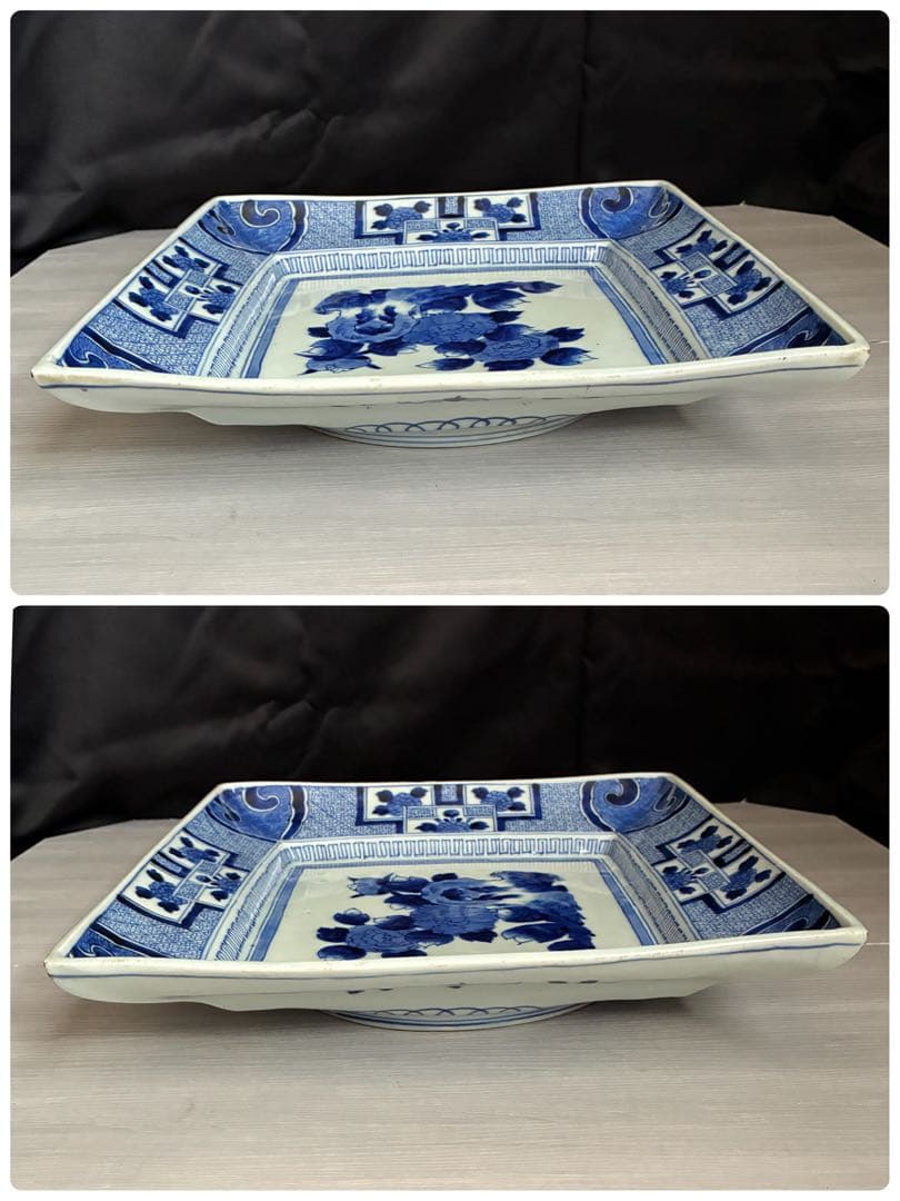 時代物 染付 牡丹文 角大皿 飾り皿 盛皿 骨董 - メルカリ