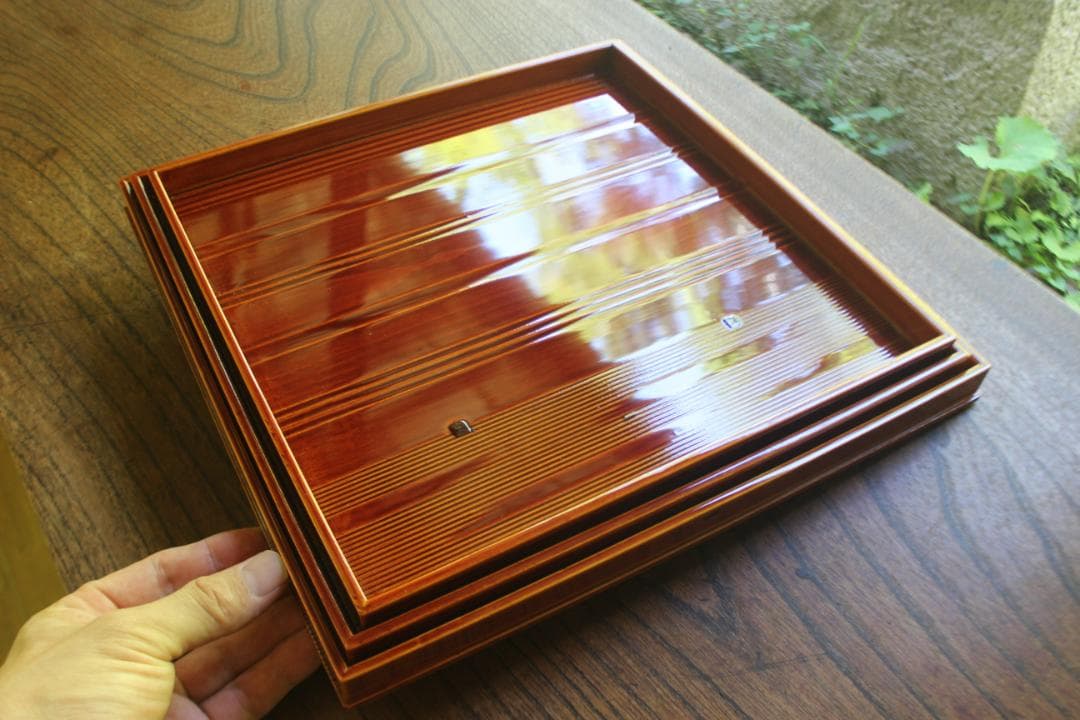 デッドストック！春慶塗の入れ子四方折敷大中小セット（検懐石盆お盆お膳