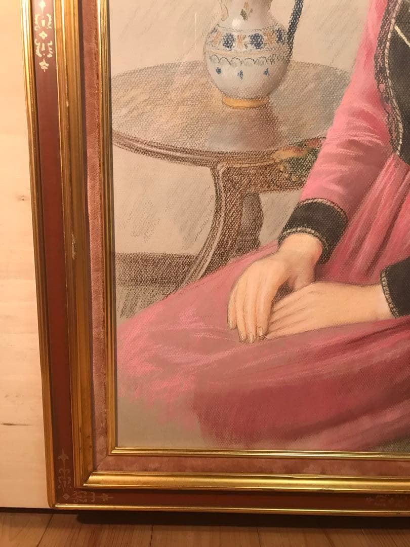 徳田宏行 「赤いドレスの女性」 パステル画20号 直筆サイン有り