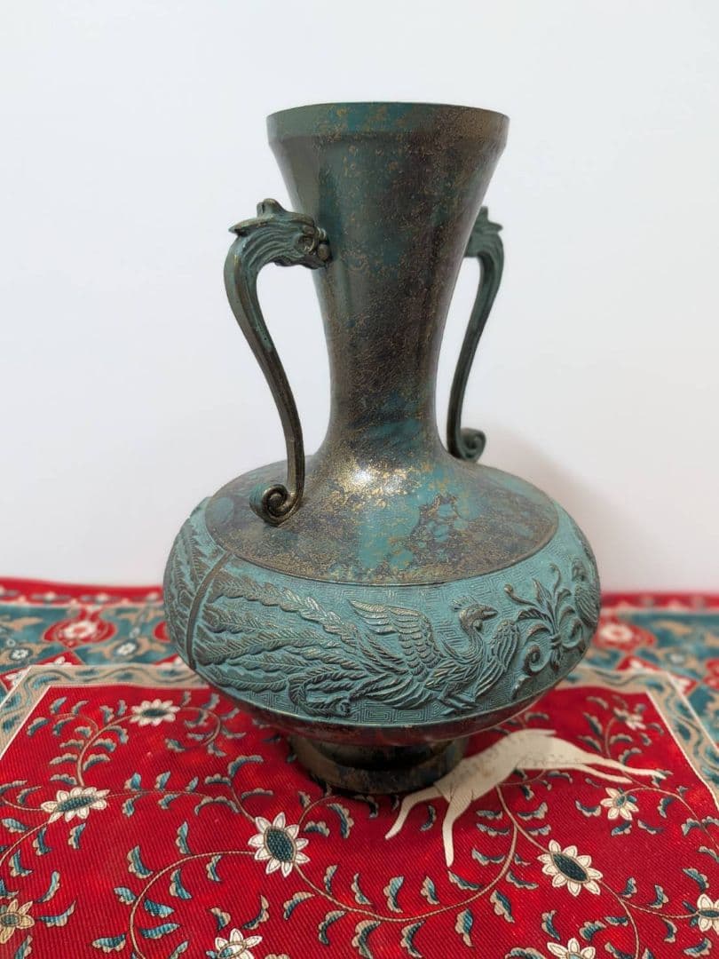 落款 高岡銅器 青銅 鳳凰 龍 花瓶